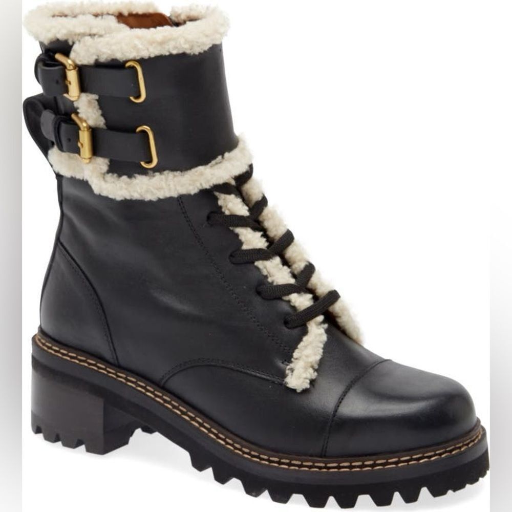 SEE BY CHLOÉ 
Mallory Faux Fur Trim Combat Boot